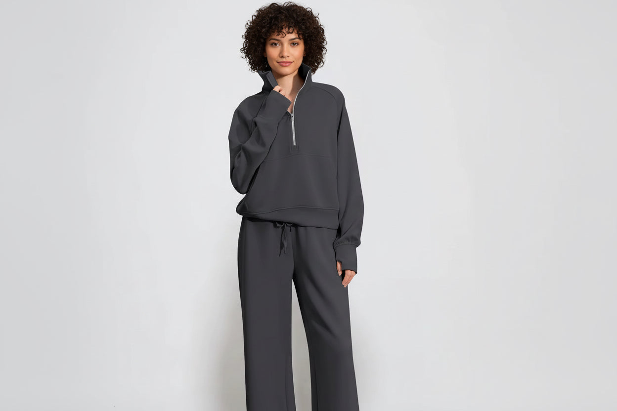 Ensemble Sweat-Shirt À Manches Longues Et Pantalon À Jambes Larges Pour Femme, Couleur Unie, Demi-Fermeture Éclair, Tenue Sportive Décontractée, Deux Pièces
