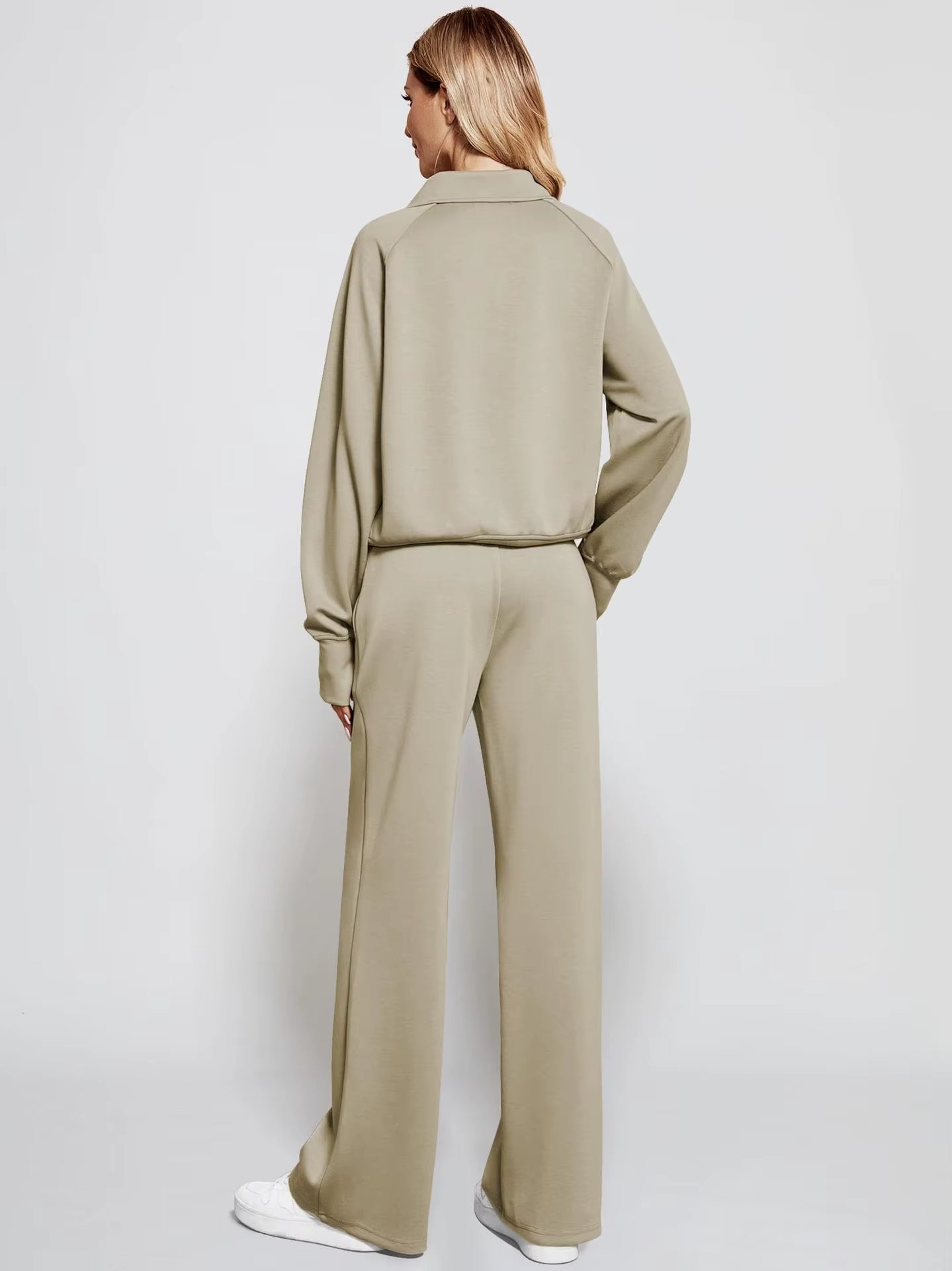 Ensemble Sweat-Shirt À Manches Longues Et Pantalon À Jambes Larges Pour Femme, Couleur Unie, Demi-Fermeture Éclair, Tenue Sportive Décontractée, Deux Pièces