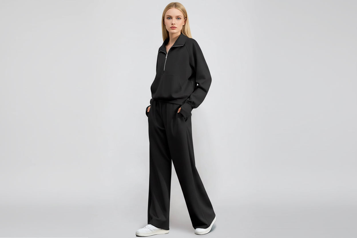 Ensemble Sweat-Shirt À Manches Longues Et Pantalon À Jambes Larges Pour Femme, Couleur Unie, Demi-Fermeture Éclair, Tenue Sportive Décontractée, Deux Pièces