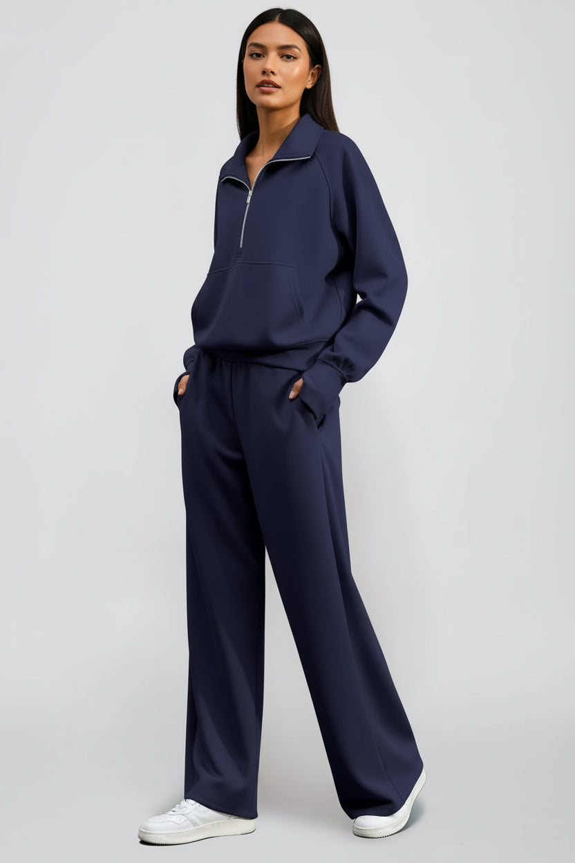 Ensemble Sweat-Shirt À Manches Longues Et Pantalon À Jambes Larges Pour Femme, Couleur Unie, Demi-Fermeture Éclair, Tenue Sportive Décontractée, Deux Pièces