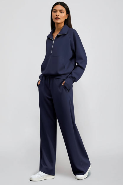 Ensemble Sweat-Shirt À Manches Longues Et Pantalon À Jambes Larges Pour Femme, Couleur Unie, Demi-Fermeture Éclair, Tenue Sportive Décontractée, Deux Pièces