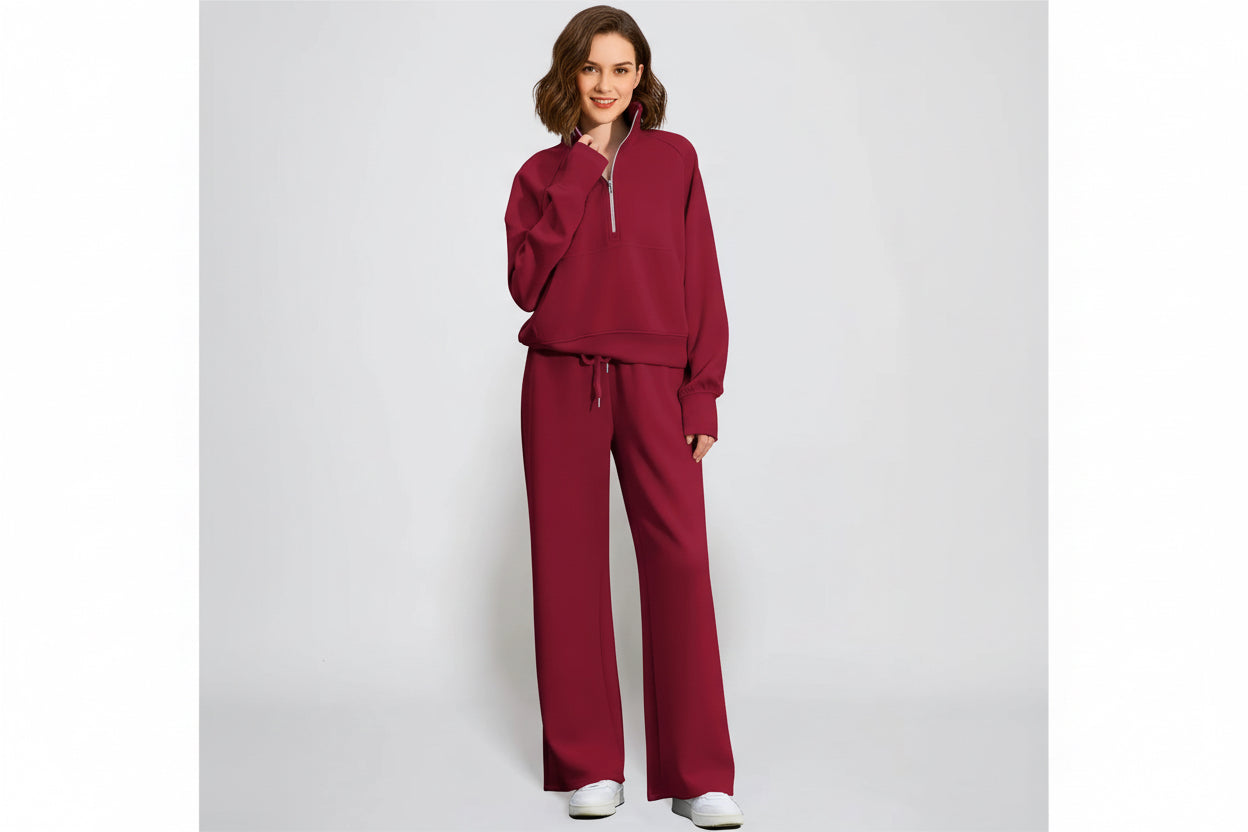 Ensemble Sweat-Shirt À Manches Longues Et Pantalon À Jambes Larges Pour Femme, Couleur Unie, Demi-Fermeture Éclair, Tenue Sportive Décontractée, Deux Pièces