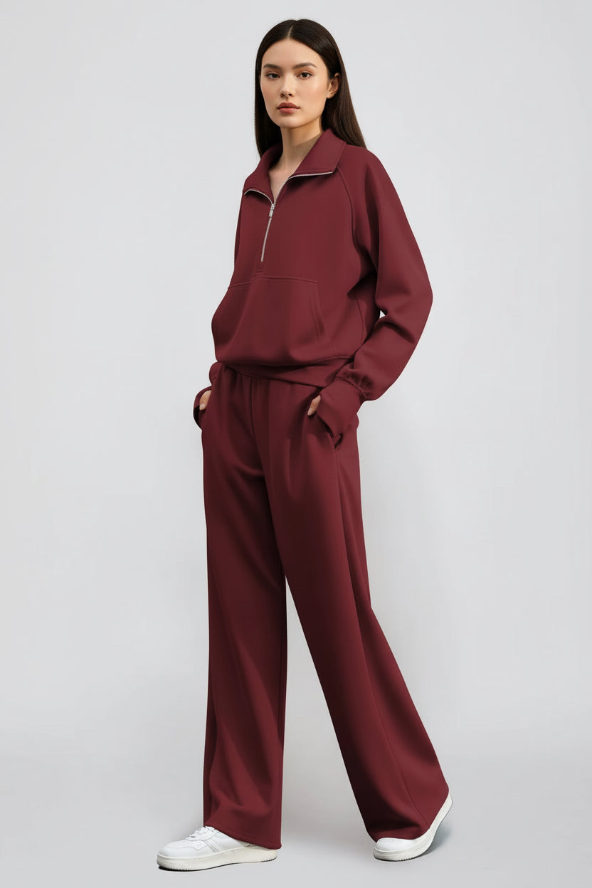 Ensemble Sweat-Shirt À Manches Longues Et Pantalon À Jambes Larges Pour Femme, Couleur Unie, Demi-Fermeture Éclair, Tenue Sportive Décontractée, Deux Pièces