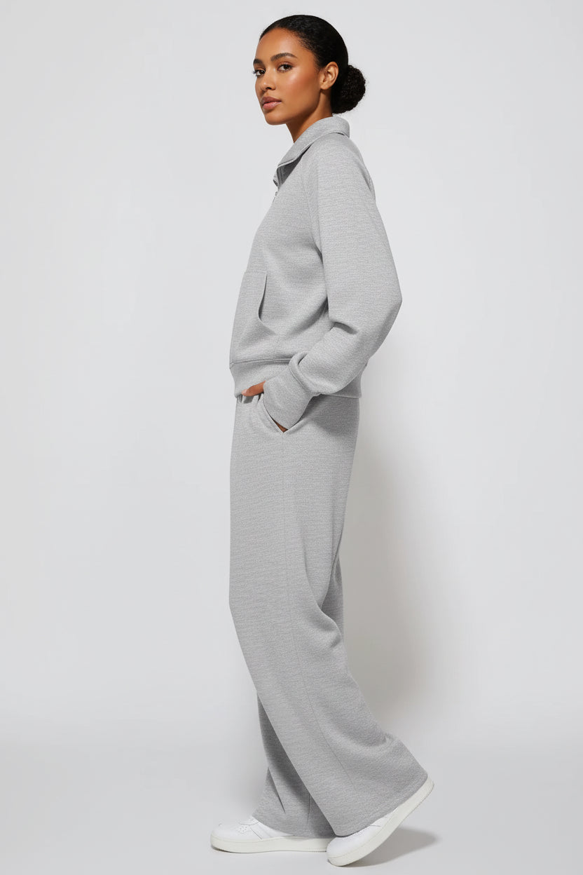 Ensemble Sweat-Shirt À Manches Longues Et Pantalon À Jambes Larges Pour Femme, Couleur Unie, Demi-Fermeture Éclair, Tenue Sportive Décontractée, Deux Pièces