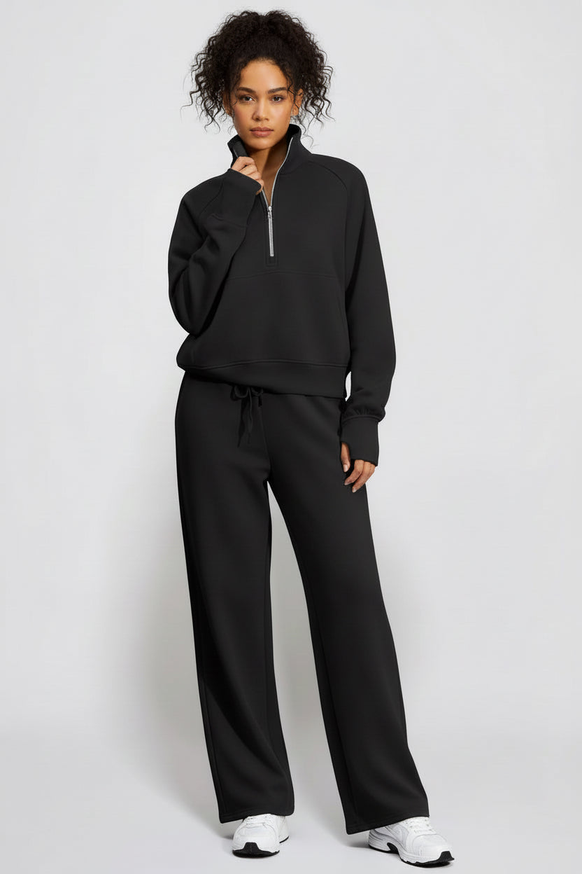 Ensemble Sweat-Shirt À Manches Longues Et Pantalon À Jambes Larges Pour Femme, Couleur Unie, Demi-Fermeture Éclair, Tenue Sportive Décontractée, Deux Pièces