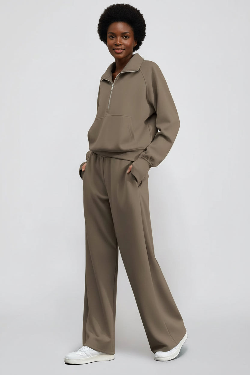 Ensemble Sweat-Shirt À Manches Longues Et Pantalon À Jambes Larges Pour Femme, Couleur Unie, Demi-Fermeture Éclair, Tenue Sportive Décontractée, Deux Pièces