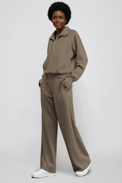 Ensemble Sweat-Shirt À Manches Longues Et Pantalon À Jambes Larges Pour Femme, Couleur Unie, Demi-Fermeture Éclair, Tenue Sportive Décontractée, Deux Pièces