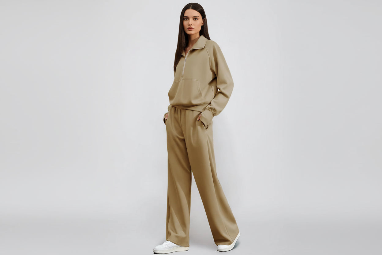 Ensemble Sweat-Shirt À Manches Longues Et Pantalon À Jambes Larges Pour Femme, Couleur Unie, Demi-Fermeture Éclair, Tenue Sportive Décontractée, Deux Pièces