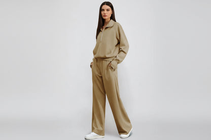 Ensemble Sweat-Shirt À Manches Longues Et Pantalon À Jambes Larges Pour Femme, Couleur Unie, Demi-Fermeture Éclair, Tenue Sportive Décontractée, Deux Pièces